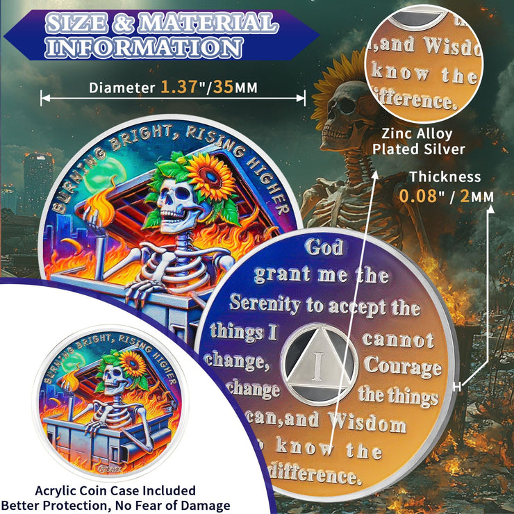 Personalized Reborn in Fire Sunflower Skeleton Sobriety Coin