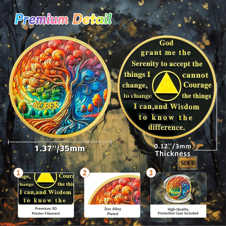 0-10 Year Artsy Oil Painting Recovery Addiction Tree of Life Sobriety Coin