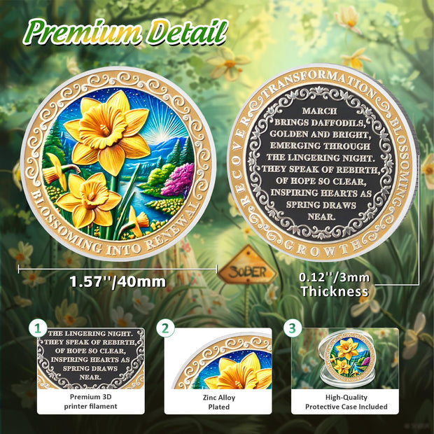 Pretty March  Daffodil Birth Flower Sobriety Coin