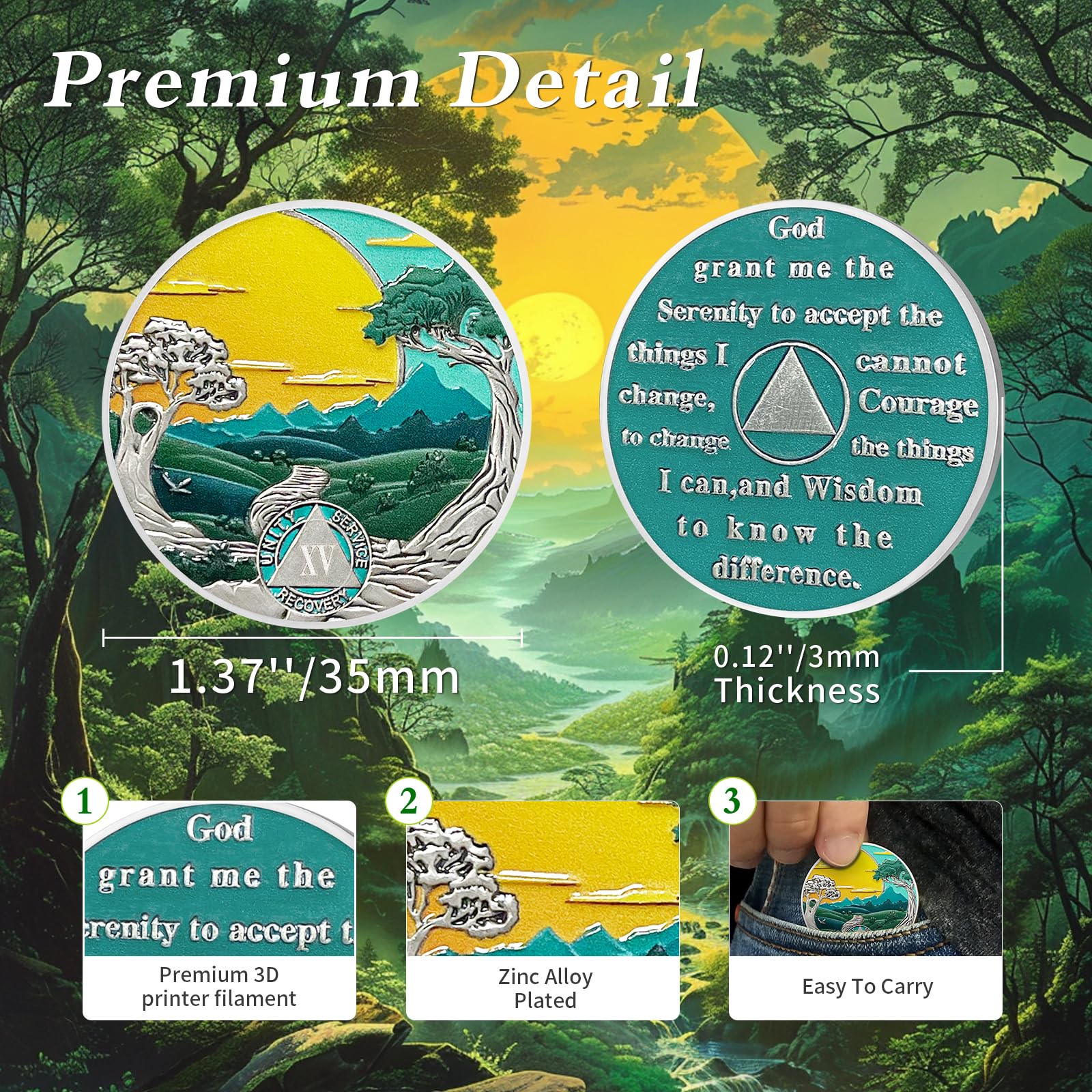 Recovery Sun Green Forest 15 Year Sobriety Coin