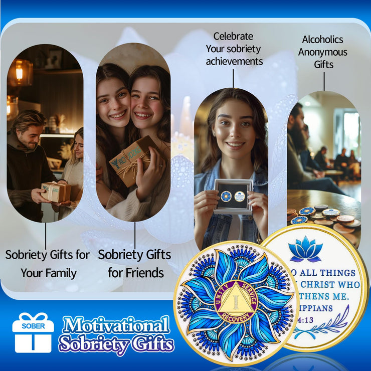 Personalized Recovery & Growth Blue Lotus Sobriety Coin