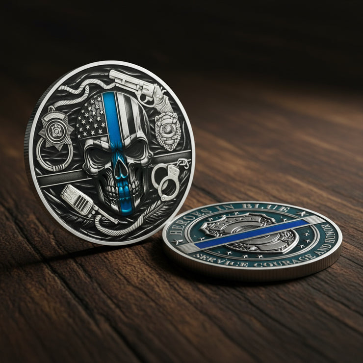 Thin Blue Line Skull Police Officers Prayer Coin