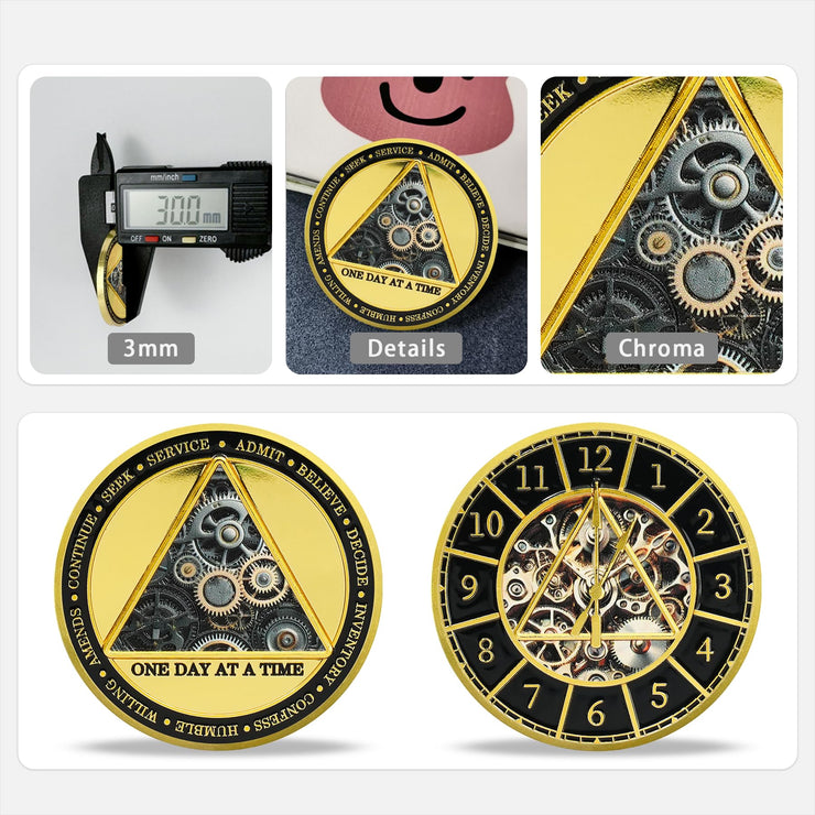 Clock & Gear Design 12 Steps Sobriety Coin