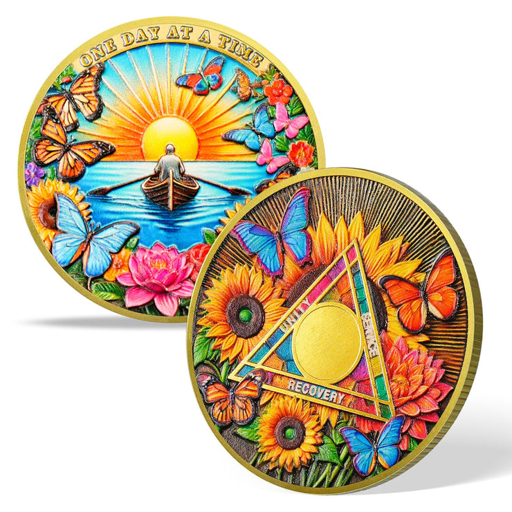 Flower Butterfly and Rising Sun Sobriety Coin