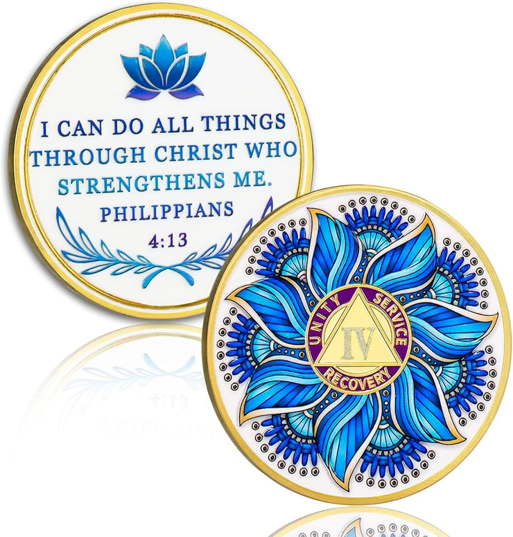Personalized Recovery & Growth Blue Lotus Sobriety Coin