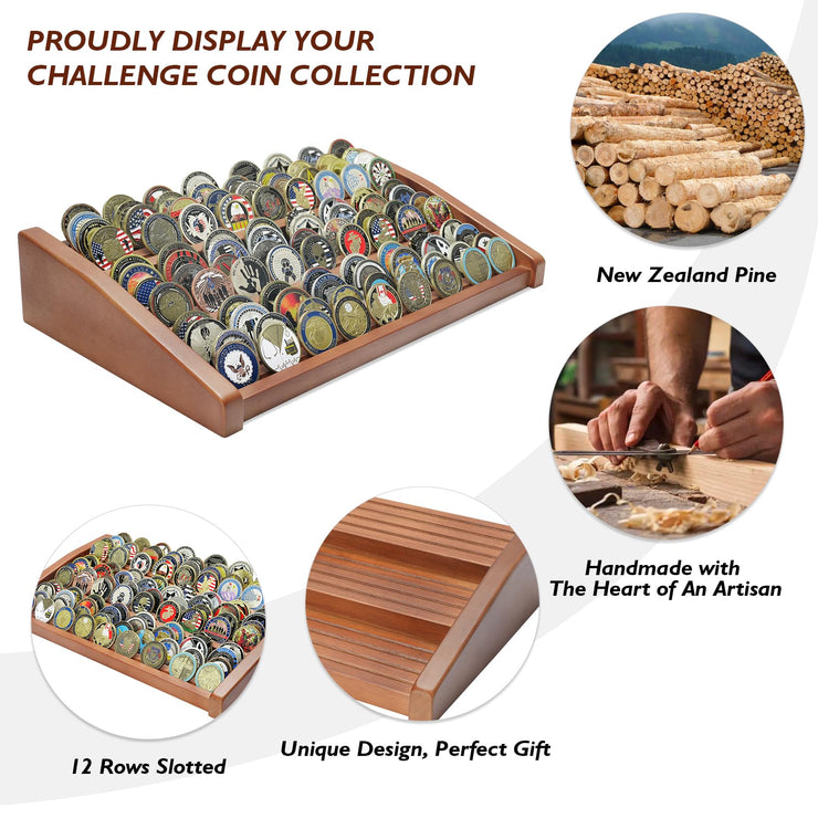 12 Rows Solid Wood  Coin Display Stand Holds 90-100 Coins
