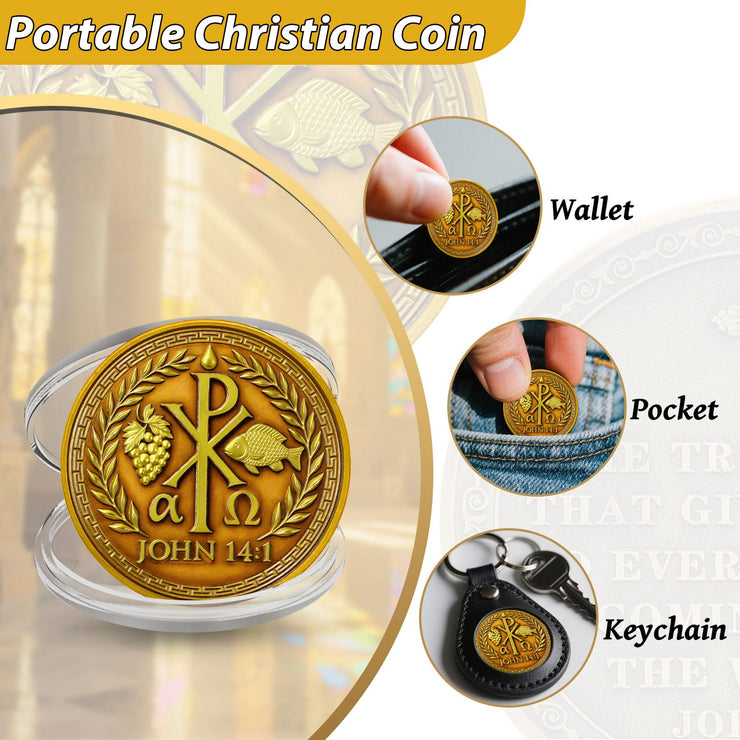 Chi Rho Christian Challenge Coin with John 14:1 Scripture