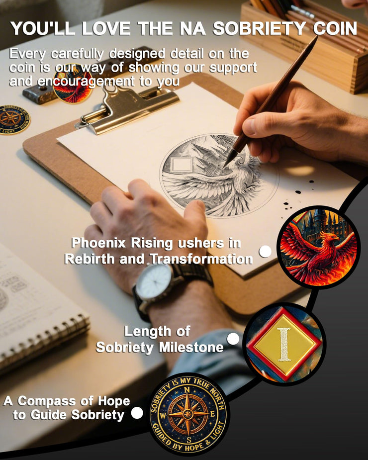 Personalized Rising Phoenix Compass to Guide The Way Sobriety Coin