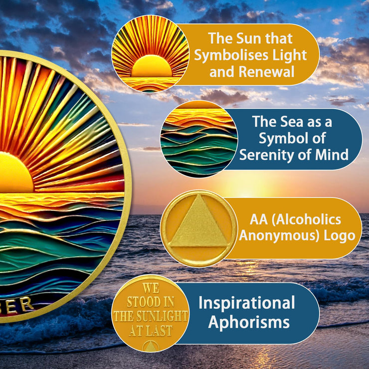 Colourful Sea Gold Sunrise Sobriety Coin