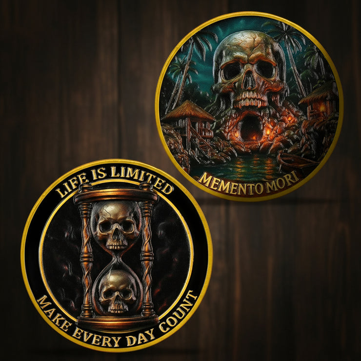 Memento Mori Challenge Coin Skull Cave & Hourglass Token with Life is Limited Make Every Day Count Pocket Coin