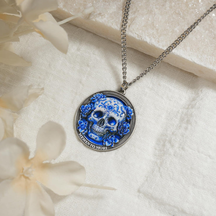 Memento Mori Skeleton Necklace with Blue White Porcelain Skull