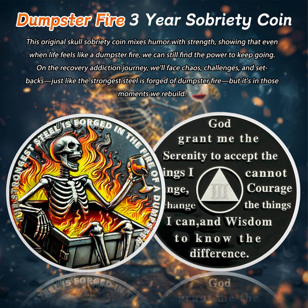 Dumpster Fire Skull 3 Year Sobriety Coin