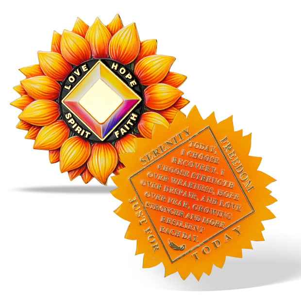 Personalized Sunflower Recovery Medallion Sobriety Coin with Serenity Message Love, Hope, Spirit & Faith Token Just for Today