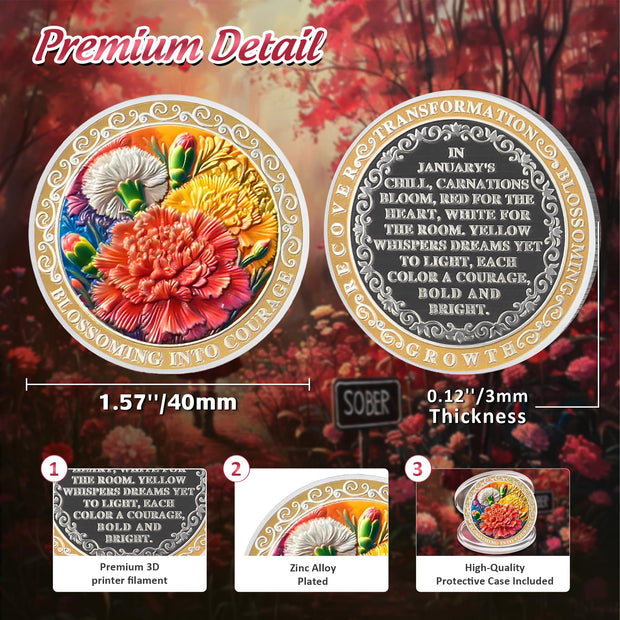 Pretty January Birth Flower Sobriety Coin