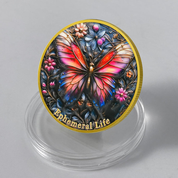 Remember Death with Flowers and Butterfly Memento Mori Skull Coin