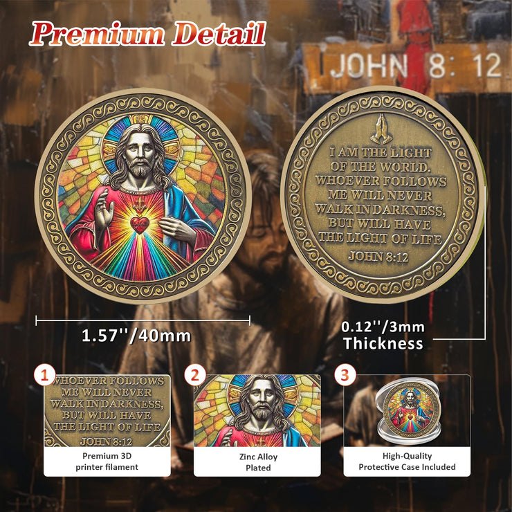Original Sacred Heart Christian opper John 8:12 Jesus Religious Challenge Coin