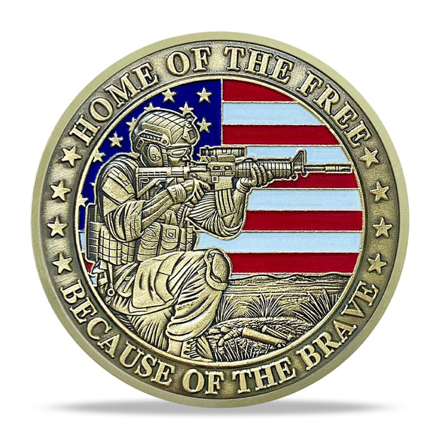 Battlefield and Rifle-wielding Patriotic Military Veterans Challenge Coin