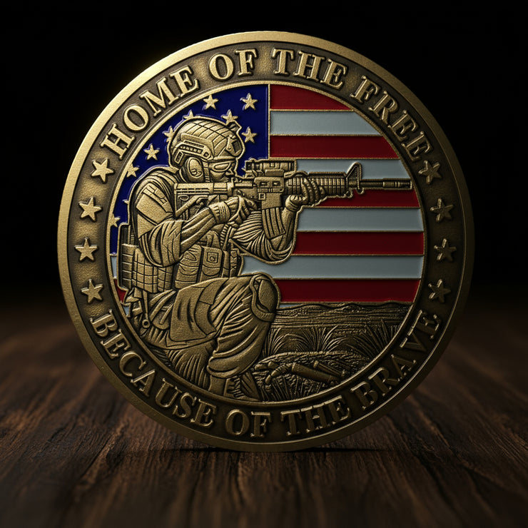 Battlefield and Rifle-wielding Patriotic Military Veterans Challenge Coin