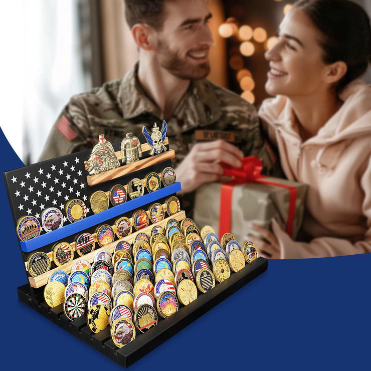 Wooden Removable 11 Rows Challenge Coin Display With American Flag