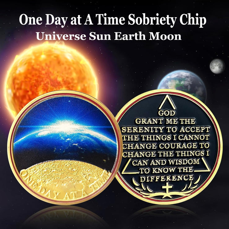 Universe Sun Moon Earth One Day at A Time Sobriety Coin
