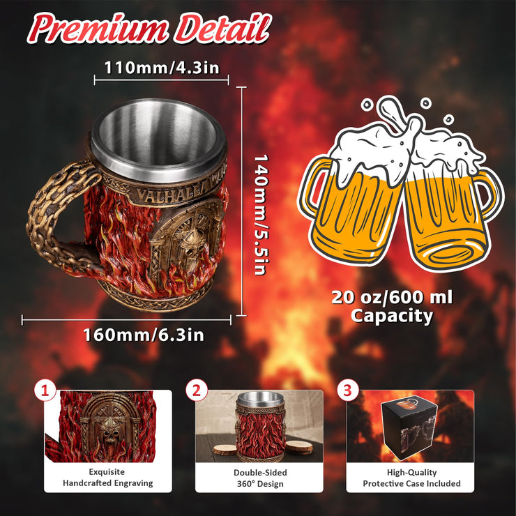 Glory Handmade Viking Mug - 20oz Valhalla Gate Beer Stein - 304 Stainless Steel Novelty Norse Mythology Cup