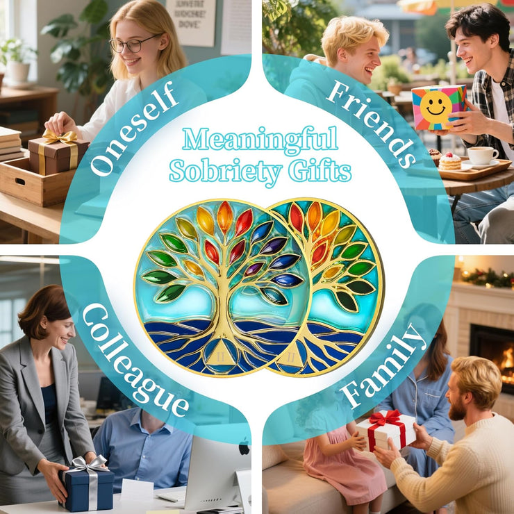 Personalized See-through Glass Rainbow Tree of Life Sobriety Coin