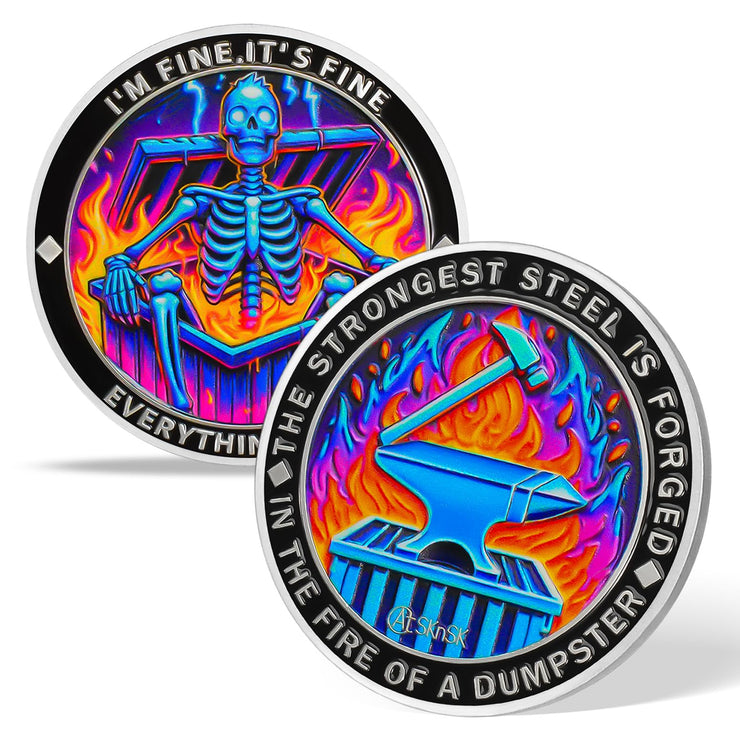Gradient Skeleton Dumpster Fire Challenge Coin