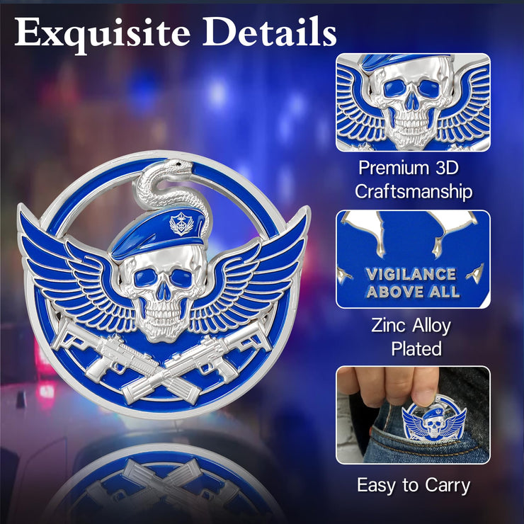 Wings of Vigilance Thin Blue Line Skull Police Challenge Coin