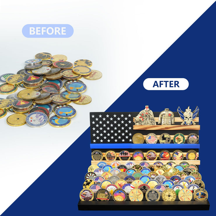 Wooden Removable 11 Rows Challenge Coin Display With American Flag