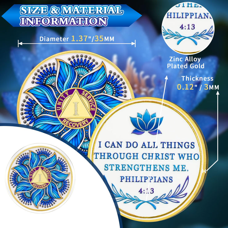 Personalized Recovery & Growth Blue Lotus Sobriety Coin