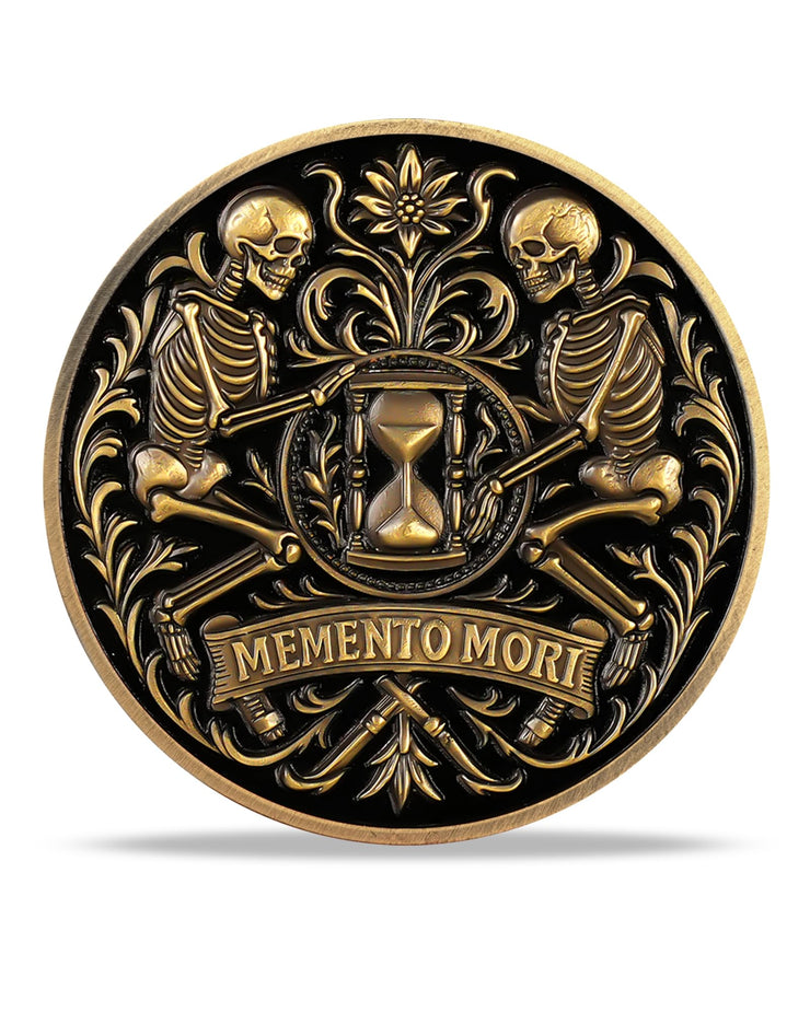 Dual Skeletons Guarding Hourglass-Symbol of Mortality and Time Memento Mori Coin