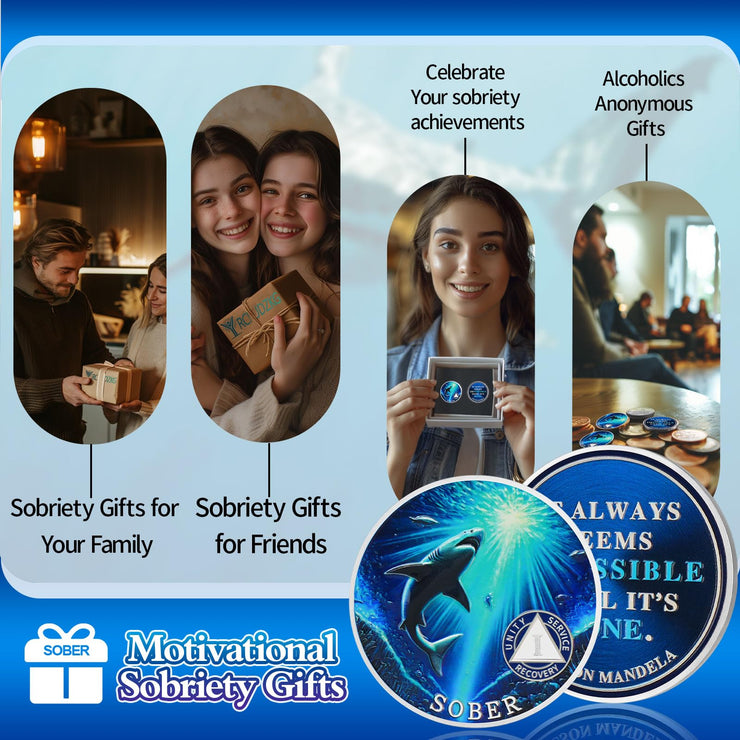 Personalized Mighty Shark  Swim to The Light  Sobriety Coin