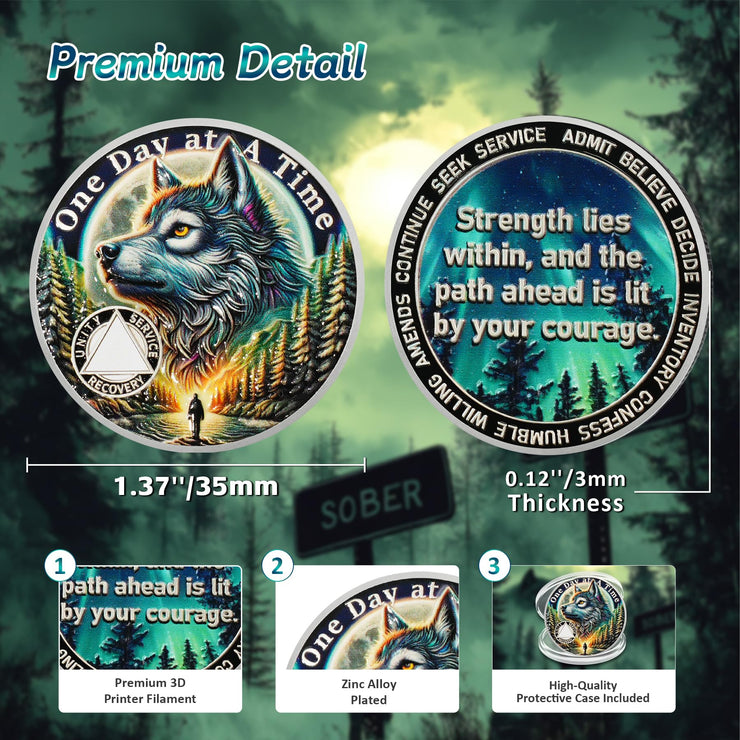 Personalized Recovery Triangle Forest Wolf One Day at a Time Sobriety Coin