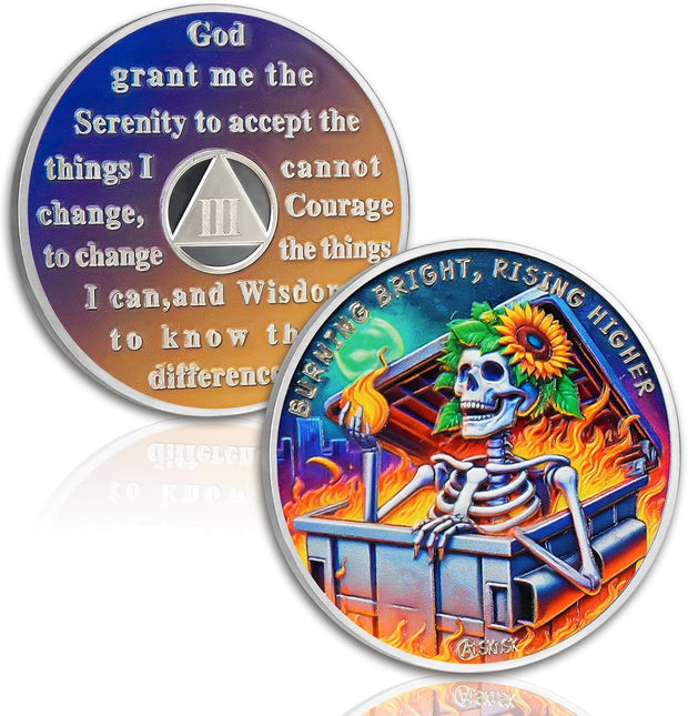Reborn in Fire Sunflower Skeleton 1-10 Year Sobriety Coin