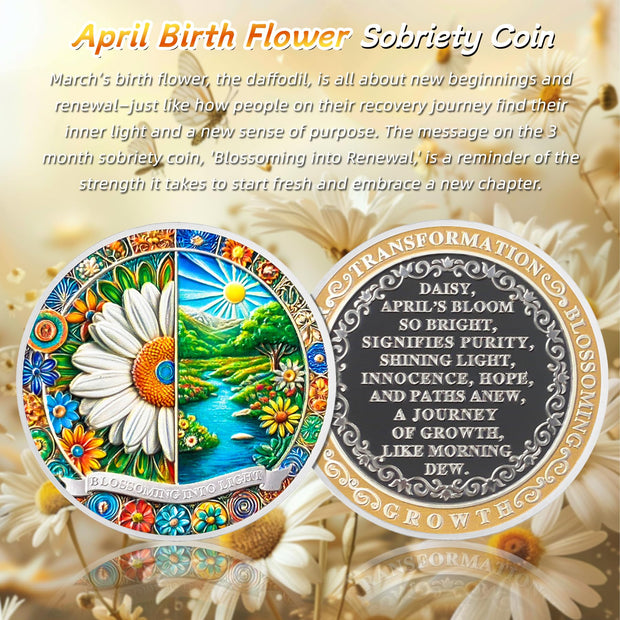 Pretty April Daisy Birth Flower Sobriety Coin