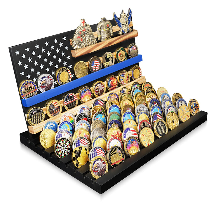 Wooden Removable 11 Rows Challenge Coin Display With American Flag