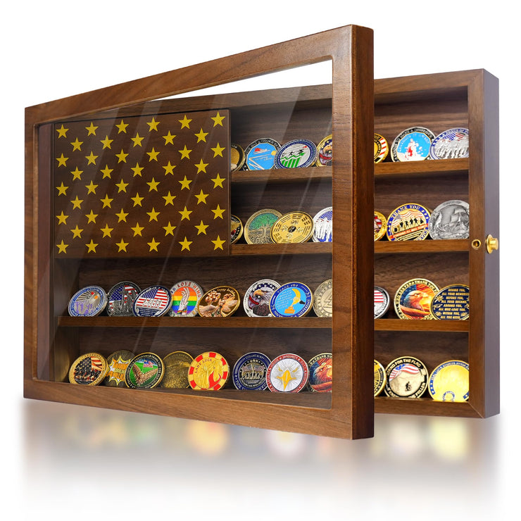 Anti-Fade Acrylic Door / Wooden Wall Mounted Coin Display Stand with Magnetic American Flag Holds 64-73 Coins