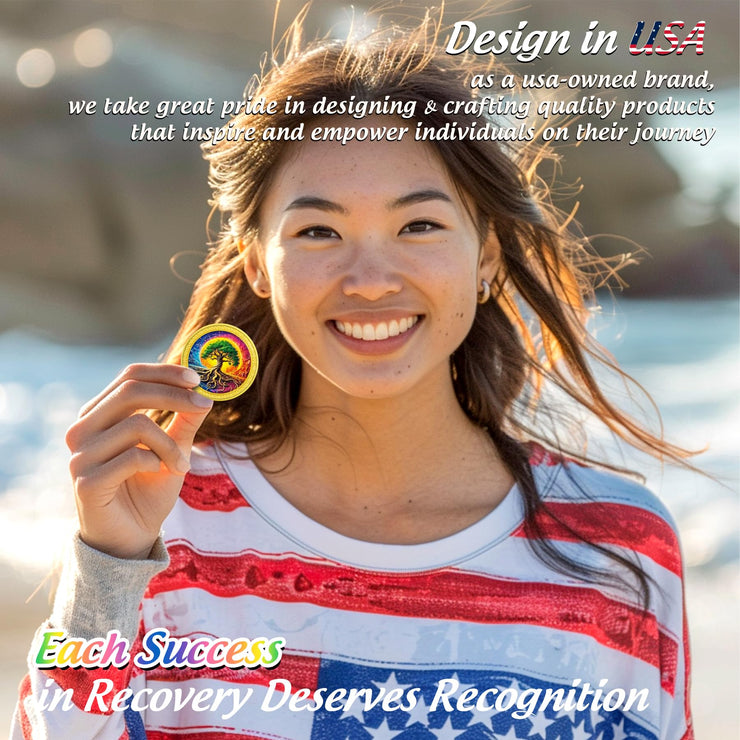 Colorful Recovery Sunrise Tree of Life Affirmation AA Sobriety Coin