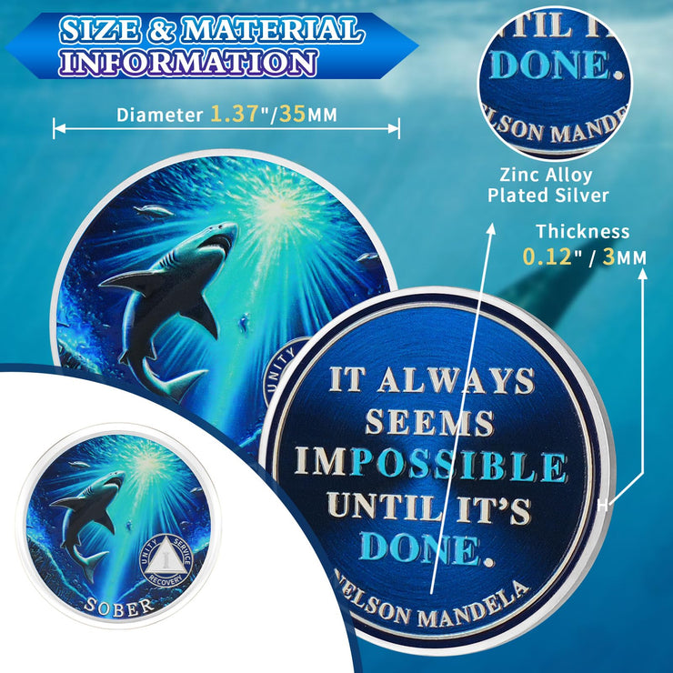 Personalized Mighty Shark  Swim to The Light  Sobriety Coin