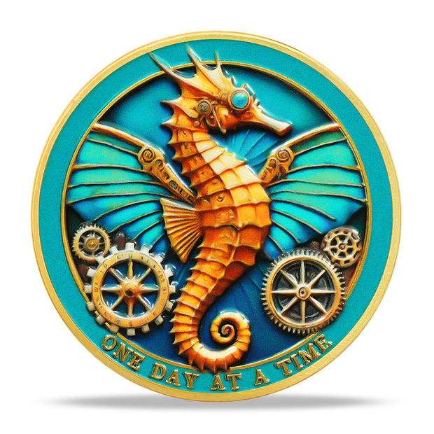 One Day at a Time Gears Seahorse Inspirational Sobriety Challenge Coin