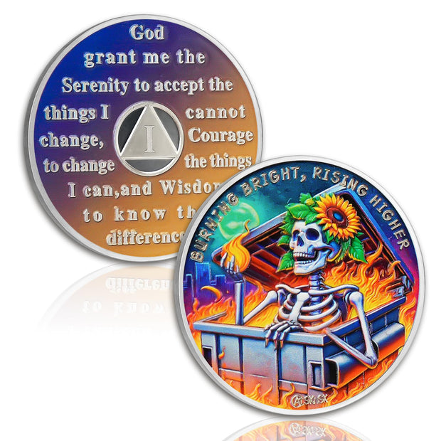 Reborn in Fire Sunflower Skeleton 1-10 Year Sobriety Coin