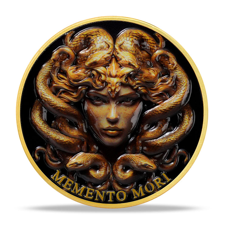 Medusa  Look Upon Me and Remember Memento Mori Skull Challenge Coin