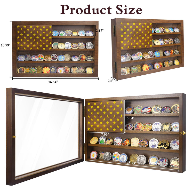 Anti-Fade Acrylic Door / Wooden Wall Mounted Coin Display Stand with Magnetic American Flag Holds 64-73 Coins