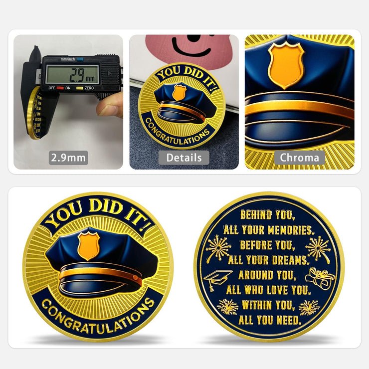 Police Graduation Hat Celebrating Achievement & Law Enforcement Challenge Coin