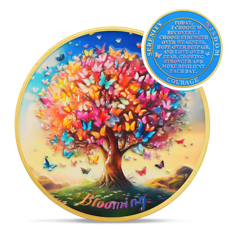 Blooming Tree of Life Colorful Recovery Butterfly Sobriety Coin