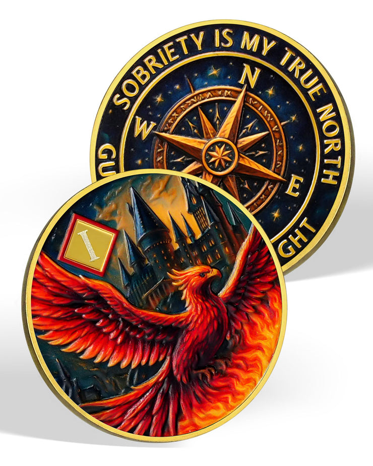 Personalized Rising Phoenix Compass to Guide The Way Sobriety Coin
