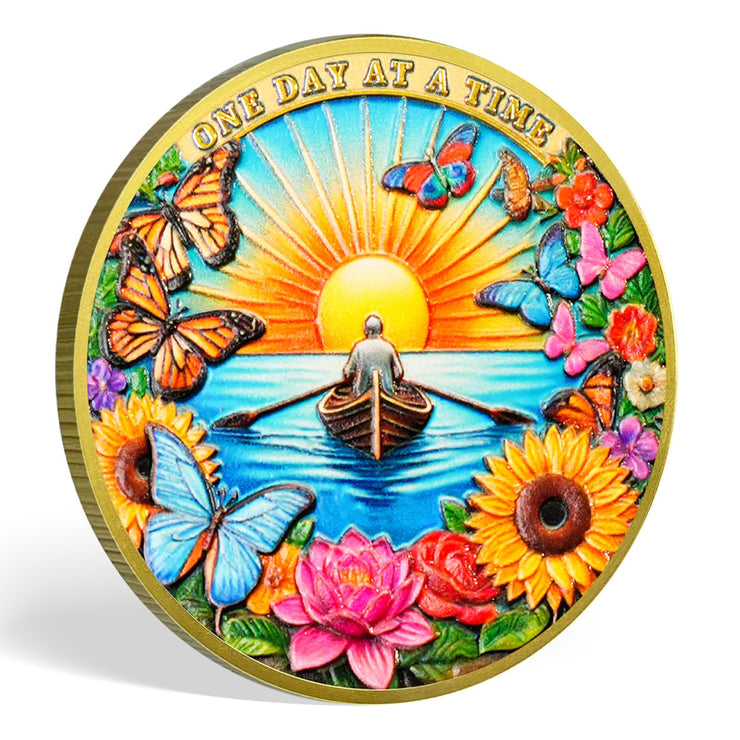 Flower Butterfly and Rising Sun Sobriety Coin