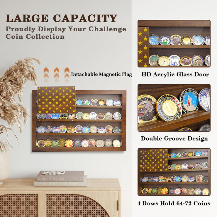 Anti-Fade Acrylic Door / Wooden Wall Mounted Coin Display Stand with Magnetic American Flag Holds 64-73 Coins
