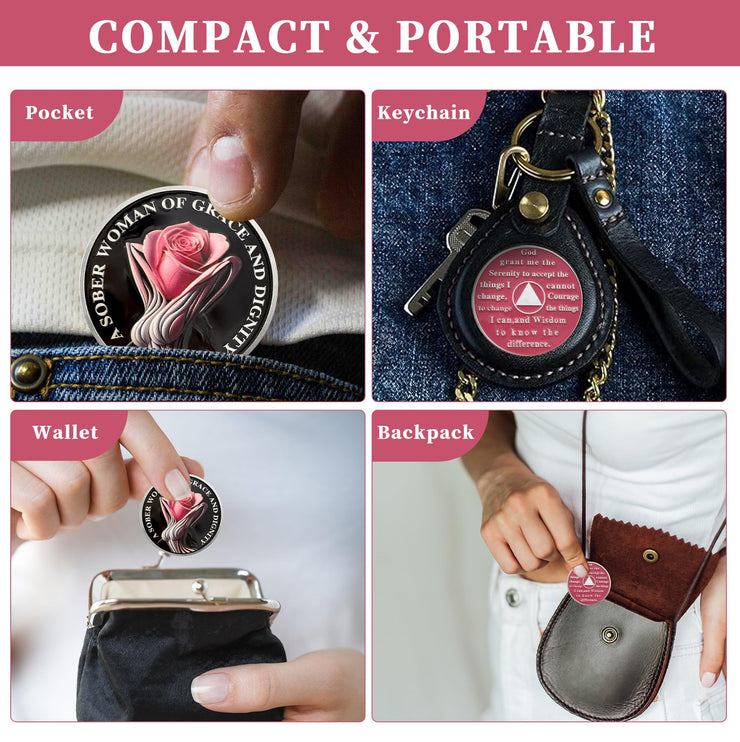 Rose AA Affirmation Sobriety Coins with Serenity Prayer