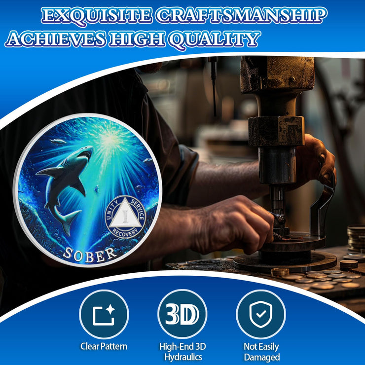 Personalized Mighty Shark  Swim to The Light  Sobriety Coin